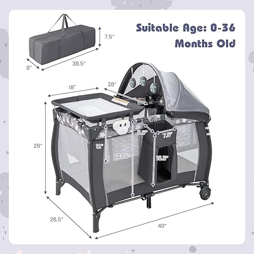 Miniatura 8 de HONEY JOY Empaca y juega con moisés, 4 en 1 portátil para bebé con cambiador, red y juguetes lindos, bolsa de almacenamiento de pañales, caja de