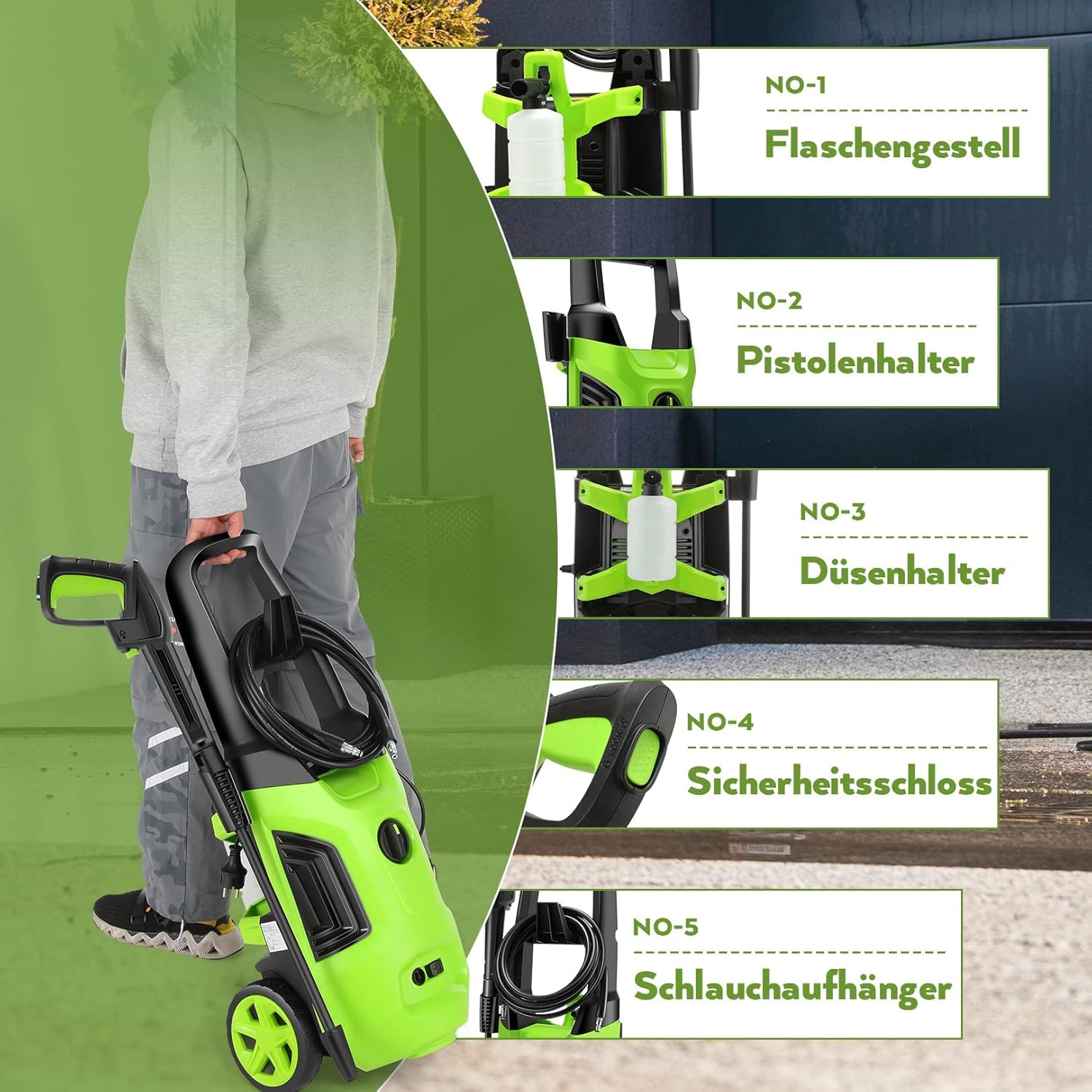 COOCHEER Hidrolimpiadora de Alta Presión 2200W 170 Bar 450 L/H, Tubería de Agua de Alta Presión de 5 m + Cable de Alimentación de 5 m, Pistola de Alta Presión para Coches/Vallas/Jardín/Patios (Verde)