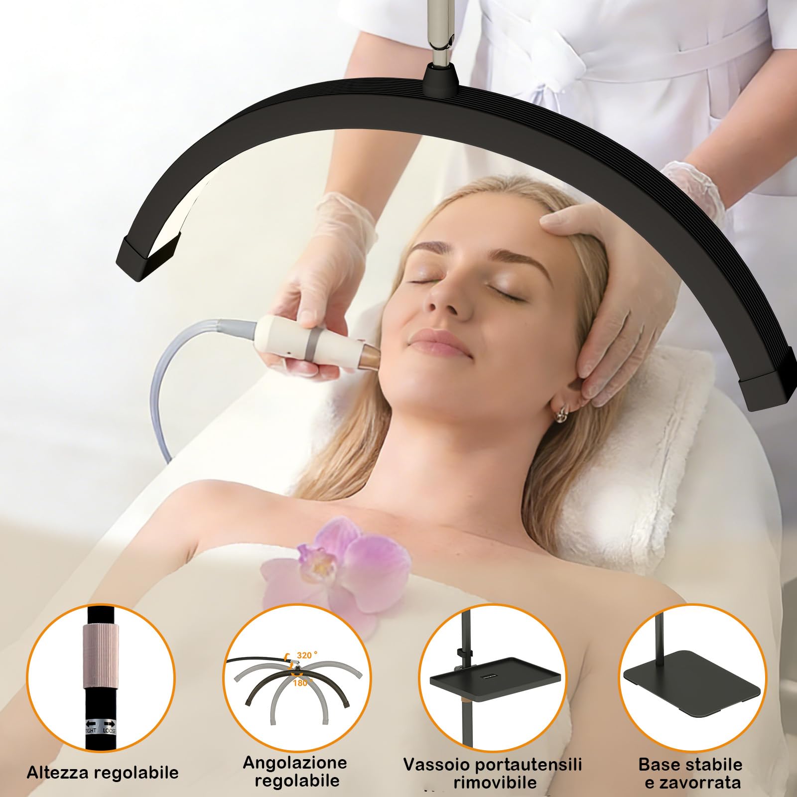 YU YUSING Lampada Estetista LED a Mezza Luna con Testa a 320 Gradi, Lampada da Terra Altezza Regolabile, 3 Modalità Colore, Lampada Smart Ciglia, Bellezza, Tatuaggi, Unghie, Vassoio rimovibile, Nero