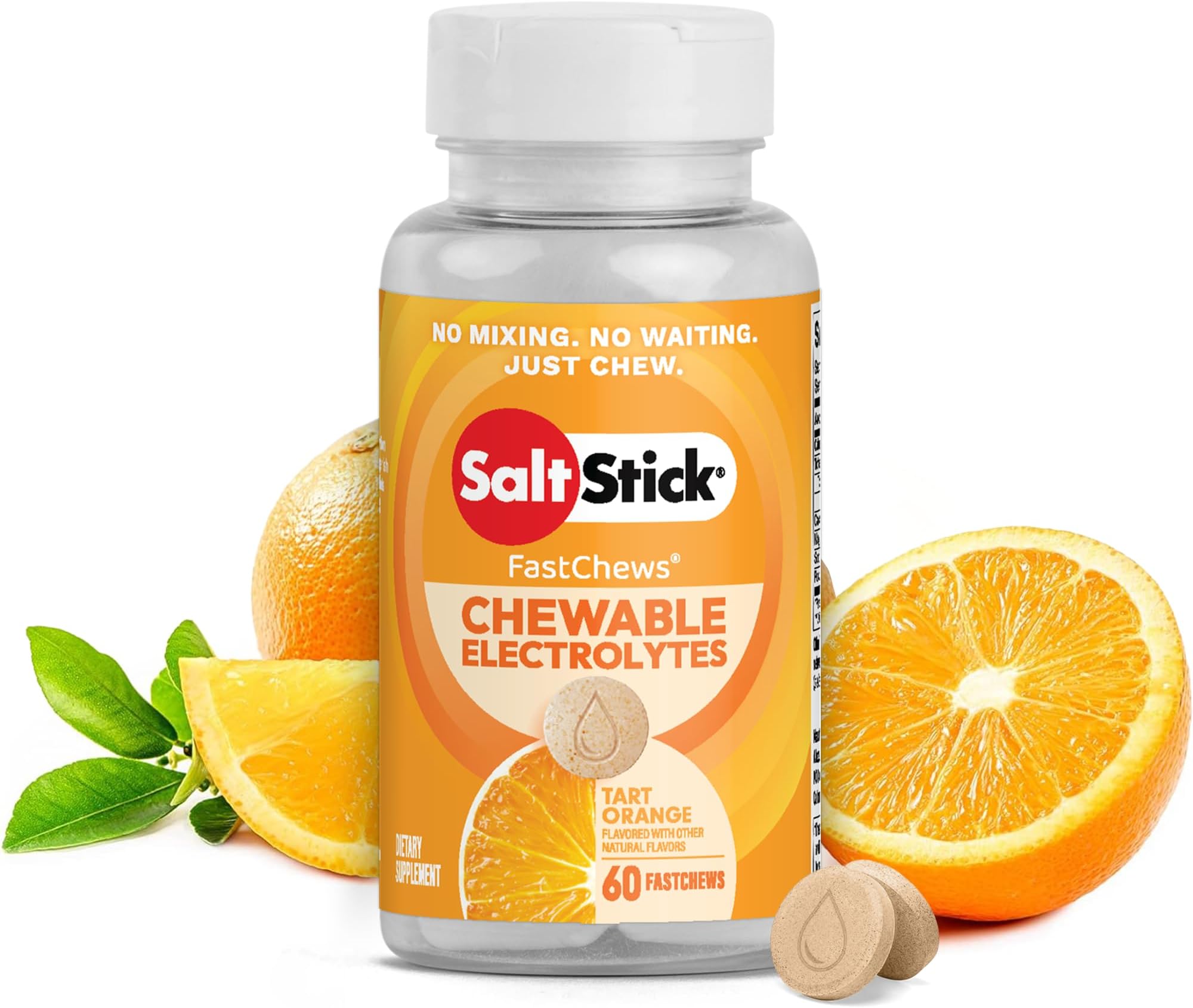 SaltStick Electrolyte FastChews - 60 Orange Chewable Electrolyte Tablets - Salt Tablets for Runners, Sports Nutrition, Electrolyte Chews - 60 Count Bottle | Chewable electrolyte tablets that start working in 45 seconds. No mixing or waiting—just chew for hydration on the go.