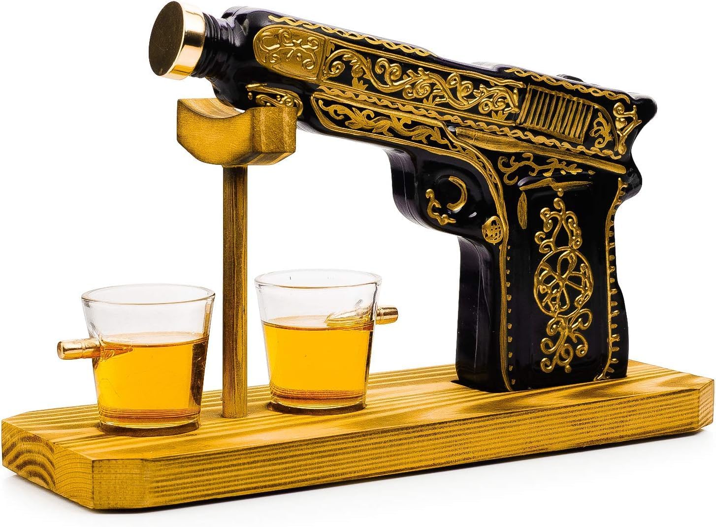 Hand Painted Pistol Whiskey & Wine Decanter Gift for Dad, Men - Pistol Whiskey Gun Decanter & 2 Bullet Shot Glasses - Military Gifts, Veteran Gifts, Law Enforcement Gifts, Home Bar Gift, Drinking Bar