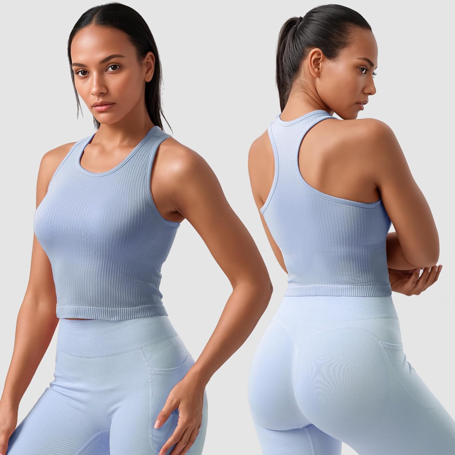 2/3/4 Packs Ribbed Racerback Tanks with Built in Bra for Women -Women’s Seamless Crop Tops Camisole Sport Bra - Image 6