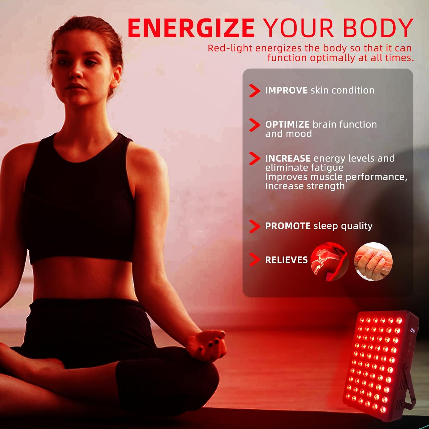 Red Light Therapy Panel for Body and Face, 660nm Red 850nm and Near Infrared Panel Built-in Timer, 60 LEDs High Power, Promote Sleep, Improve The Body, Relieve Muscle Fatigue（E300-Black) - Image 8