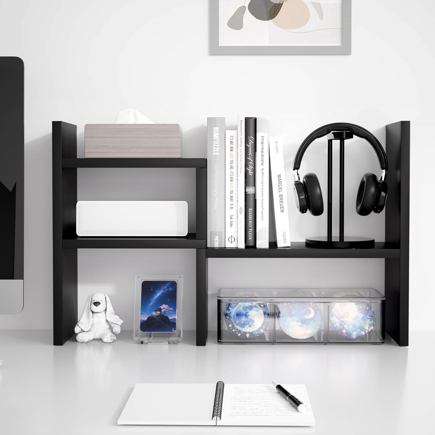 Jerry & Maggie Desktop Organizer Office Storage Rack Adjustable Wood Display Shelf Birthday Gifts Toy Home Decor Free Style Rotation Display True Natural Stand Shelf (Black/2 Pack)