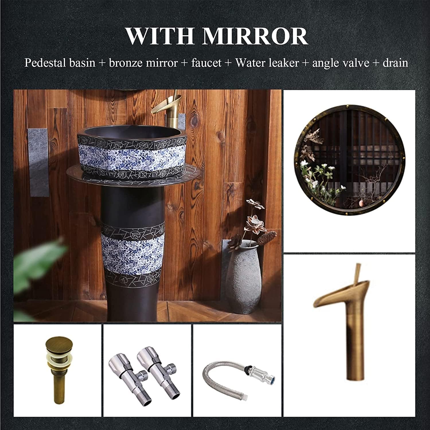 Freestanding Art Pedestal Sink Creative Hotel Sink Pedestal Sink Modern Ceramic Bathroom Basin Sink, Kaolin Clay Pedestal Sink Round Freestanding Sink for Indoor and Outdoor(E,With Mirror)