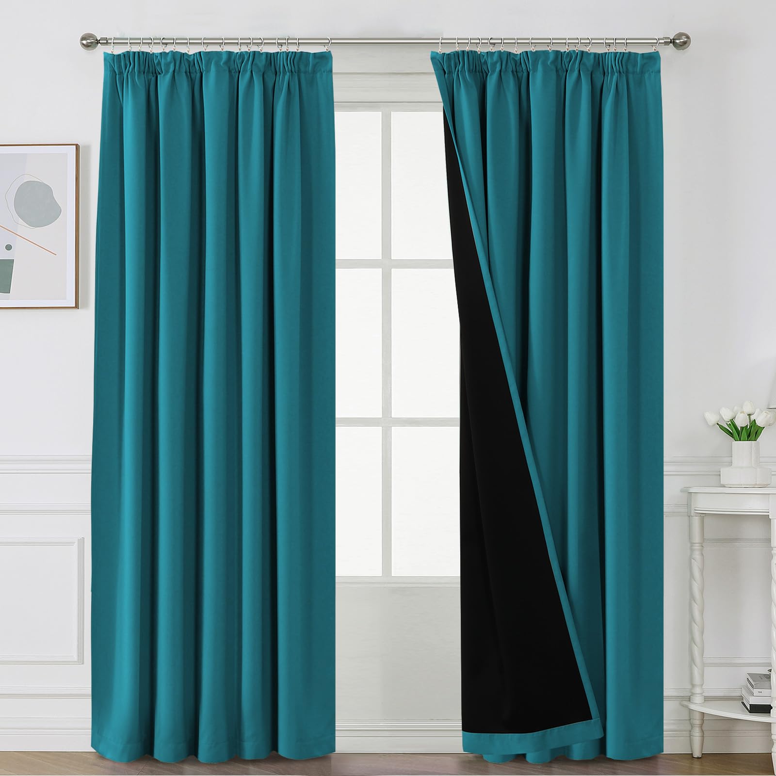 BellaHills 100% Blackout Curtains for Bedroom Thermal Insulated Curtains & Drapes Blackout Curtains Pencil Pleat Curtains for Living Room with Black Liner 2 Panels Set, 90 x 90 Inch, Turquoise Blue