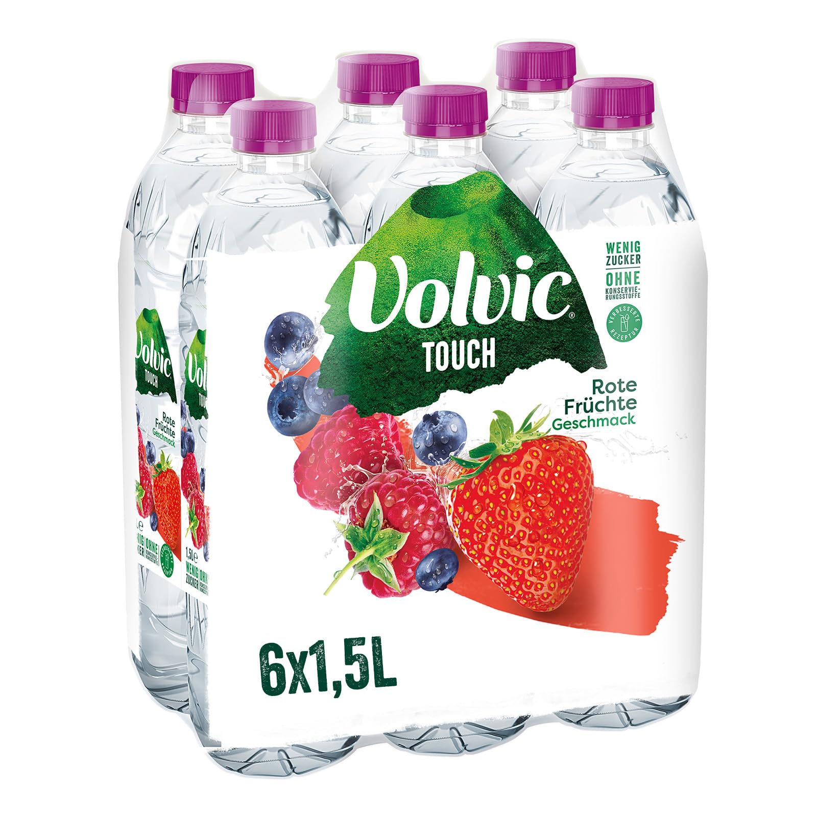 Volvic Touch Rote Früchte Geschmack – Erfrischungsgetränk mit natürlichem Mineralwasser und Rote Früchte-Geschmack – ohne Konservierungsstoffe – 6 x 1,5 l