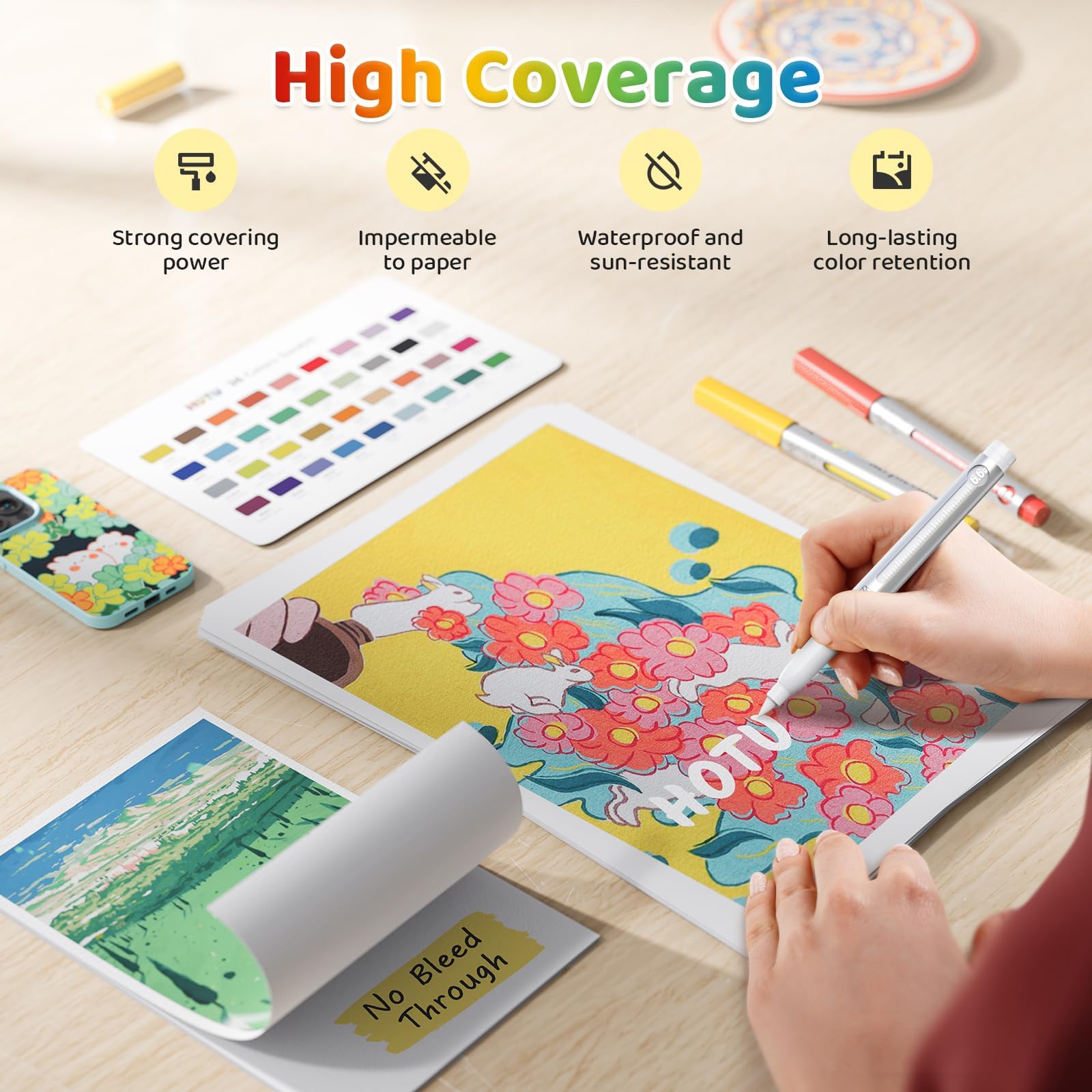 HOTU Pennarelli acrilici 36 colori per vetro, carta, tessuto, legno e libri da colorare - Pennarelli a grande capacità (6,6 g ciascuno) - Kit di forniture per arte e fai da te - Ottima idea regalo