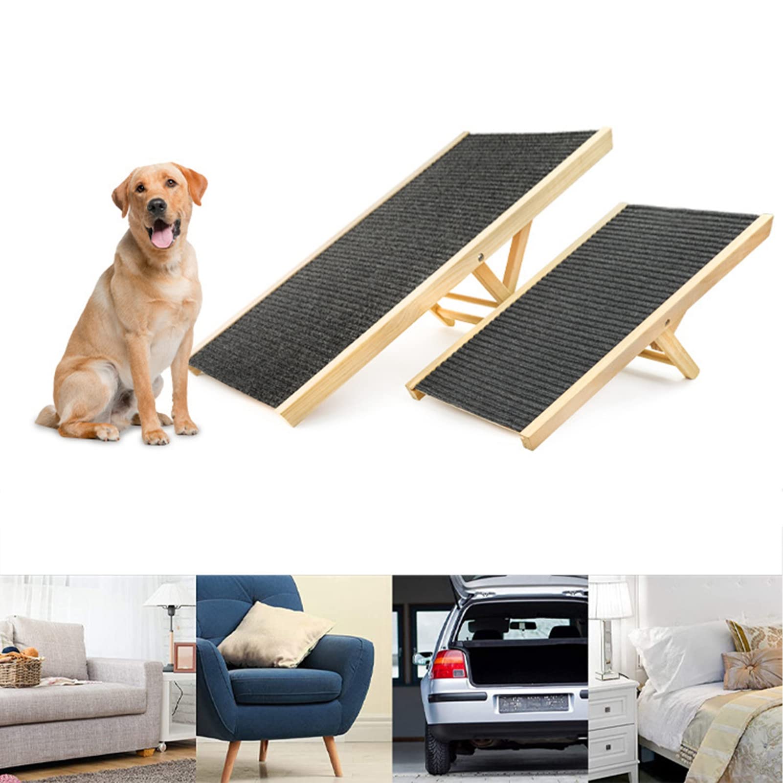 Alomejor Rampa de Madera para Perros, Escalera Plegable para Subir Mascotas, Resistente Al Deslizamiento, Ajustable, para sofá Cama, Coche, Material de Primera Calidad, Estructura Estable para