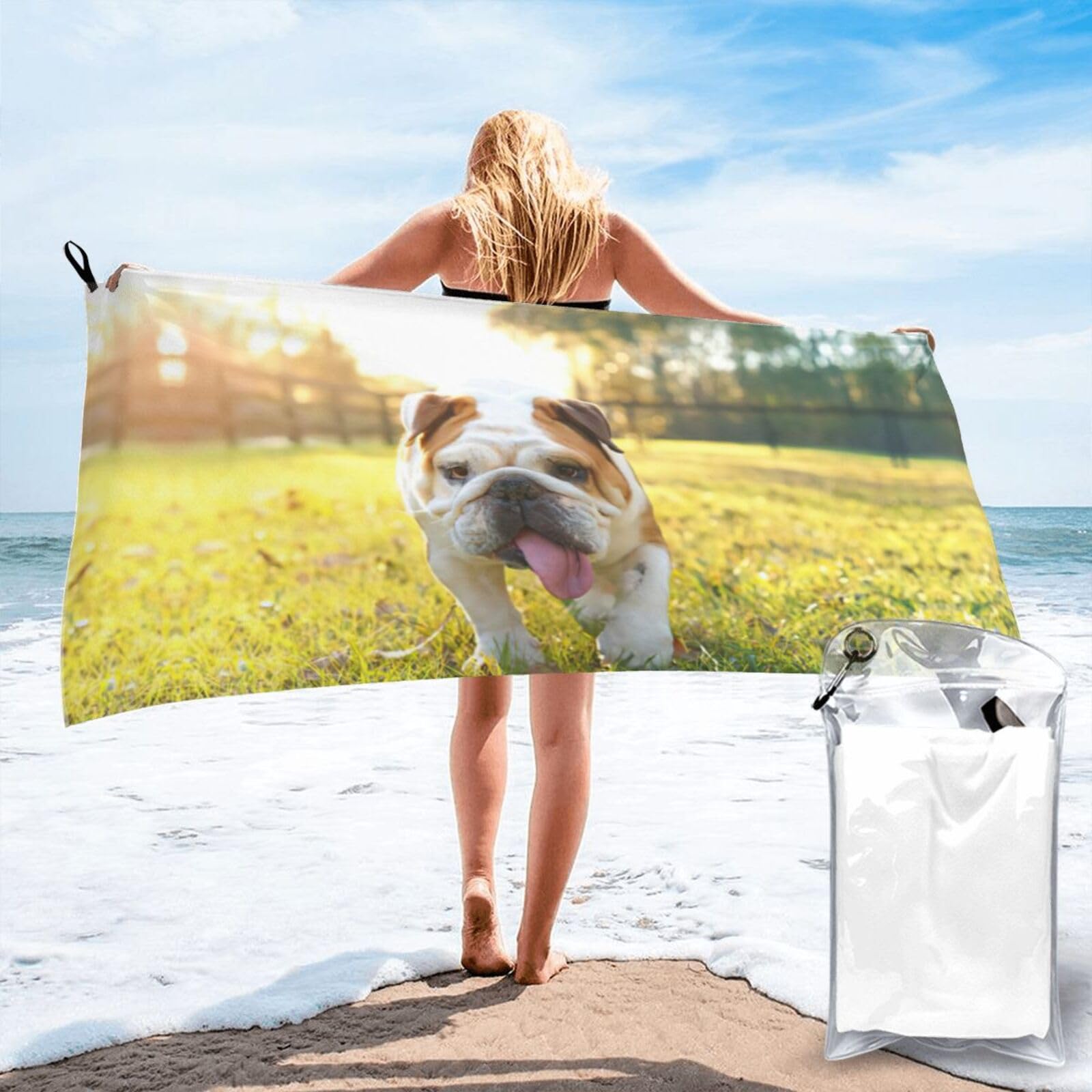 WYCZHY Cute Bulldog Puppy Print Beach Towel Soft Quick Dry For Spa Pool Gym Vacation Travelers Women Men Adults Sauna Gift