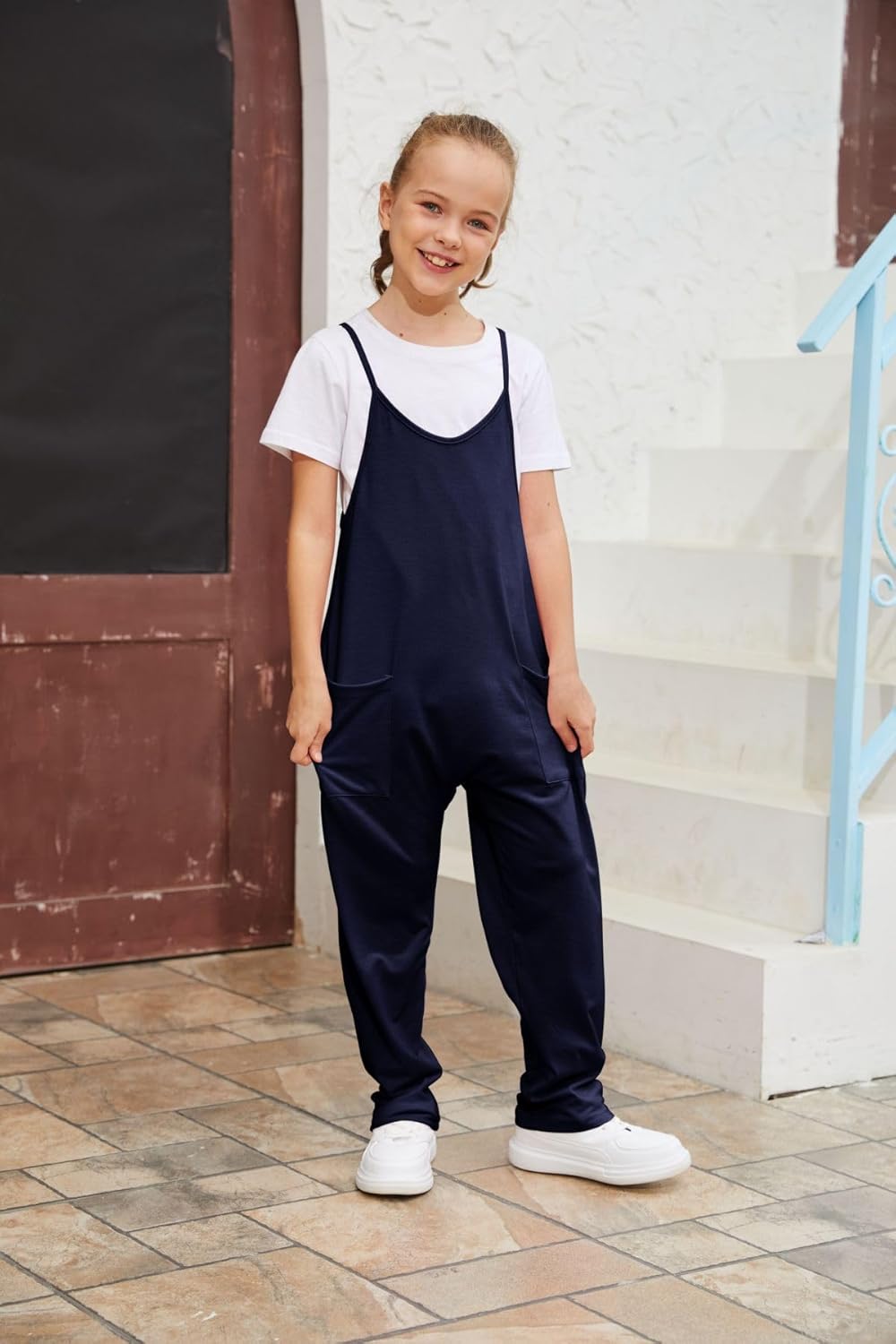 Girls Casual Jumpsuits Spaghetti Strap Sleeveless Loose Romper Long Pants with Pockets Kids Clothes 5-6 Years Navy Blue image 5 of 5 B0CN38YS6C