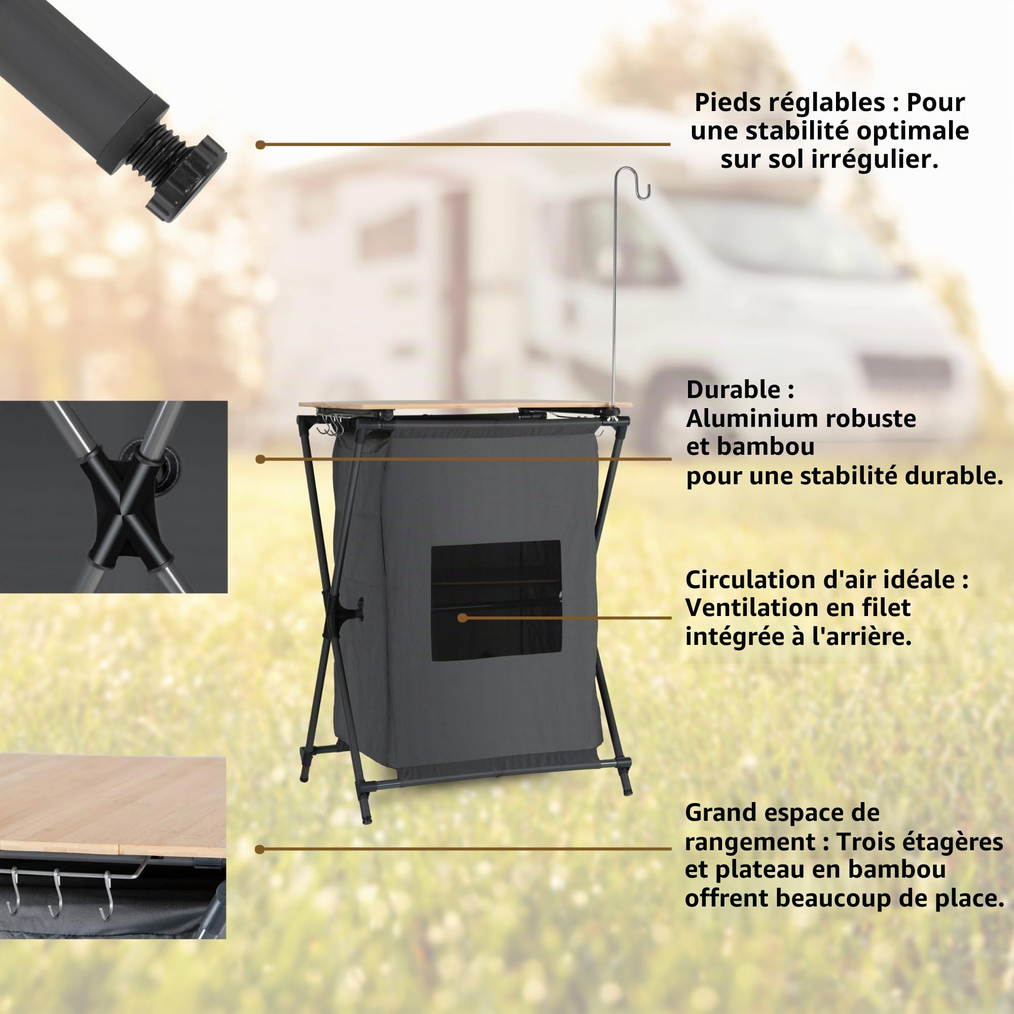 Stagecaptain Armoire de Camping CSB-85 - Cuisine Pliable Outdoor avec Plateau Bambou Robuste, Structure Aluminium, idéale Camping, caravanes, Jardin, Maison - Sac de Transport Inclus.