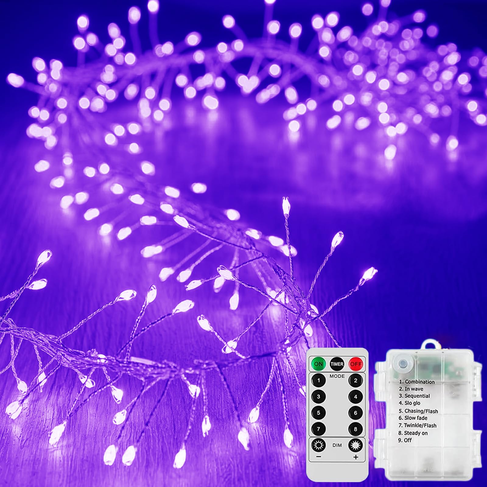 KINGCOO Cluster Fairy Lights with Remote Timer, 3M 100LED Silver Wire Firecracker Garland String Lights Battery Operated 8Mode for Outdoor Indoor Bedroom Wedding Christmas Party Decoration (Purple) — image 1