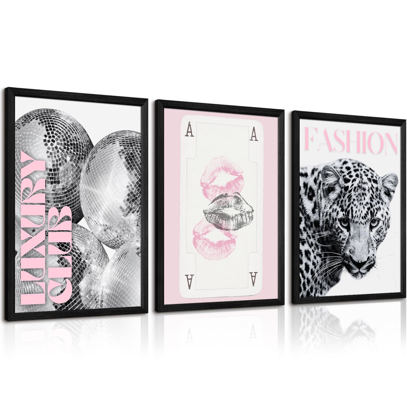 LMYSXAOZ 3Pcs Pink Leopard Trendy Wall Art Cheetah Black White Canvas Decor Fashion Preppy Posters Aesthetic Disco Ball Picture Prints Stylish Painting for Girly Dorm Bedroom Unframed 12x16inch