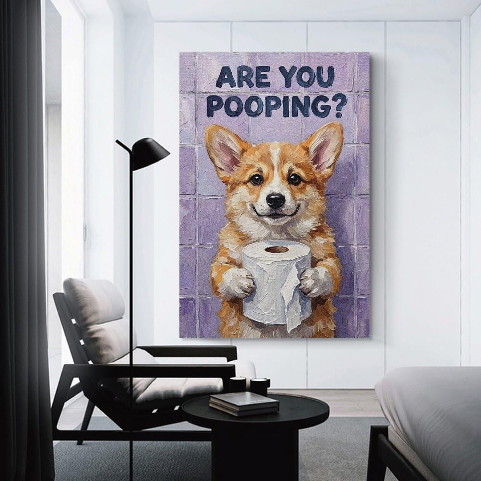 Junmoney Corgi with Toilet Paper Painting Wall Decor Canvas Print, 24x36inch(60x90cm), for Living Room, Lounge Or Sitting Room, Easy Decor for Gallery Walls