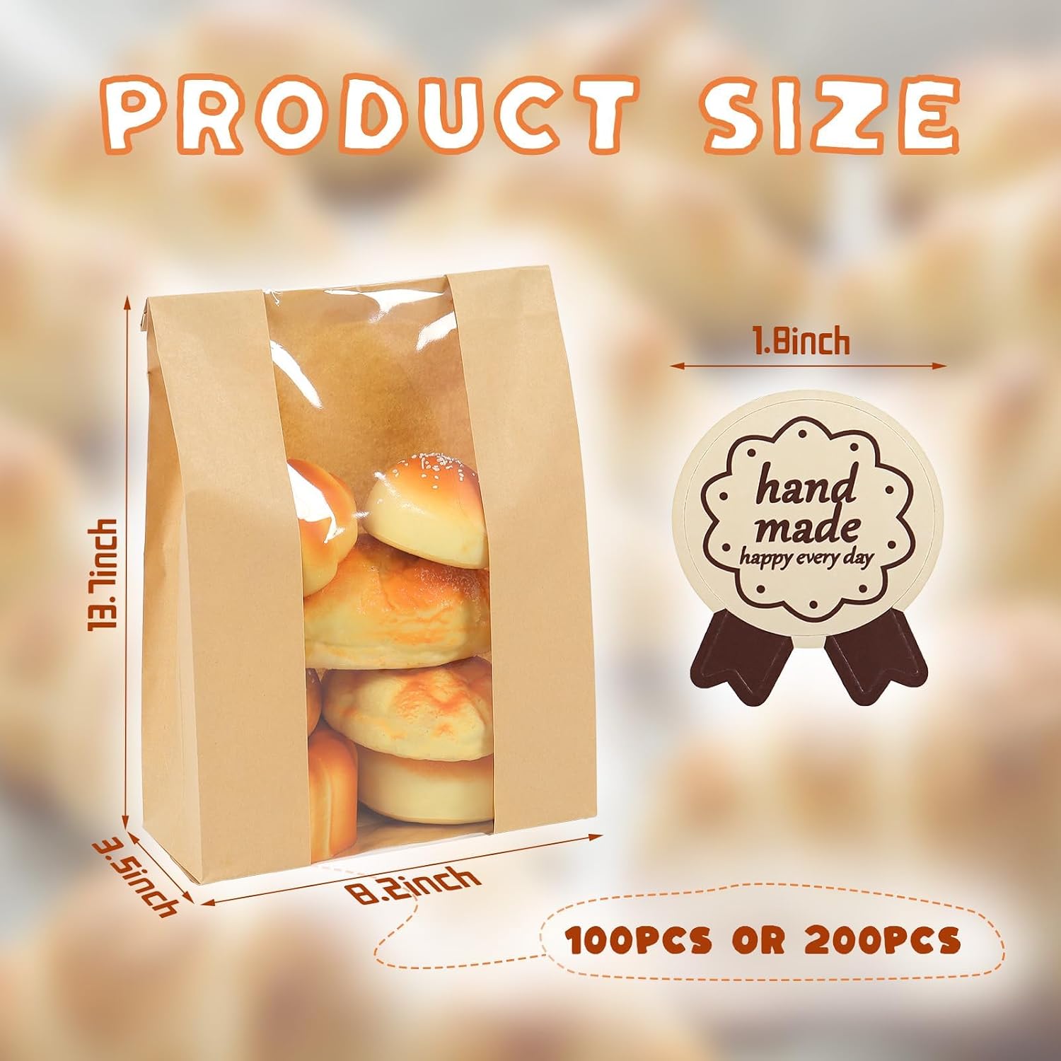 200 Packs Paper Bread Bags for Homemade, Sourdough Bread Bags with Clear Window Includes Label Seal 200 Pcs Stickers, Bakery Packaging Storage for Cookies Snack (13.7x8.2x3.5 inch)