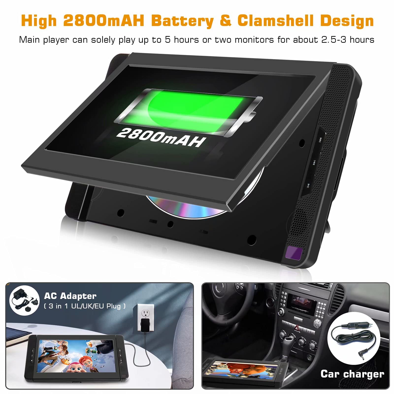 WONNIE 10.5" Dual Portable DVD Player for Car, Headrest Kids CD Players with Two Headphones