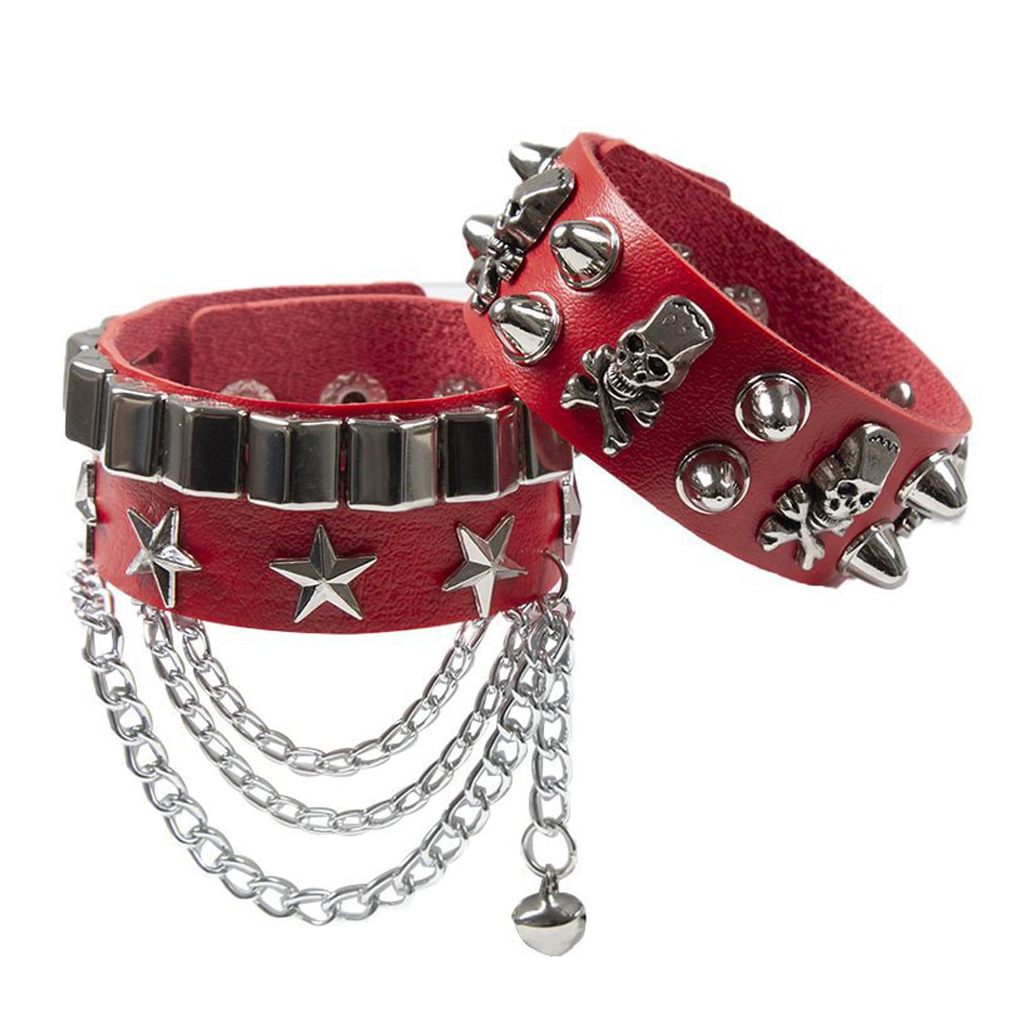 UINSUE Leather Bracelet Combo Metal Star & Spike Inlay Grunge & Punk Adjustable Wristband with Skull and Chains Decor Alt fashion Emo Style Accessories 8.66in/21cm
