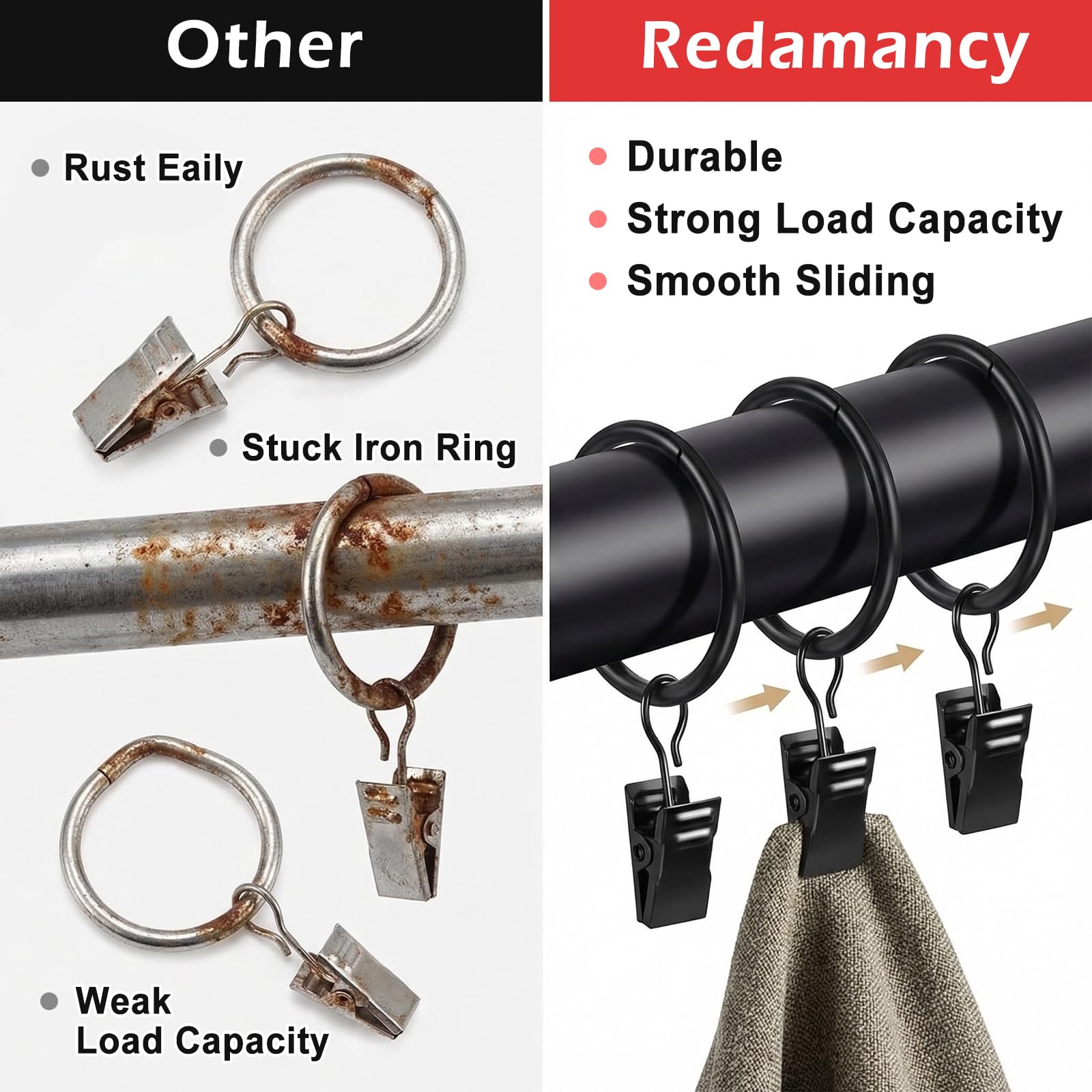 Redamancy 25 pierścieni do zasłon z klipsami, antykorozyjny metal z haczykami, łatwe otwieranie i zamykanie, do zewnętrznych drążków do zasłon, okien, drzwi i zasłon prysznicowych, średnica wewnętrzna