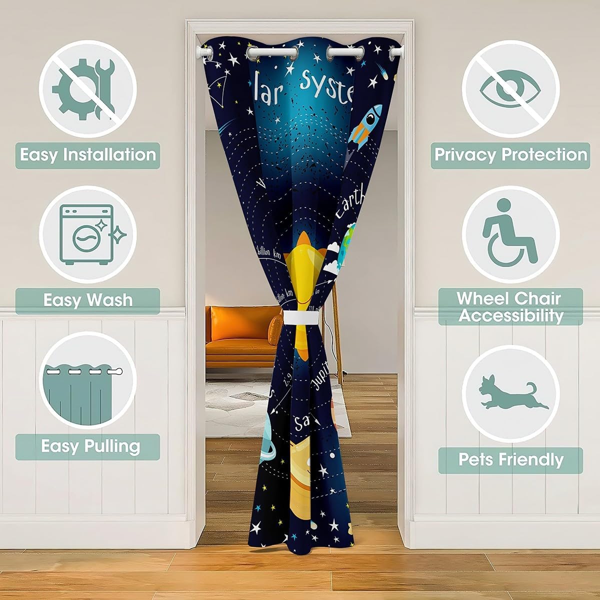 Outer Space Door Curtain, Starry Sky Blackout Curtain for Kids Boys Girls Bedroom, Galaxy Planet Space Door Drape, Solar System Cartoon Closet Curtains for Bedroom Closet Door, Blue 59"W X 80"L