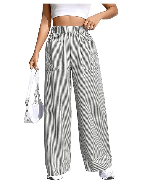 Floerns Womens Striped Print Elastic High Waist Pocket Front Wide Leg Pants