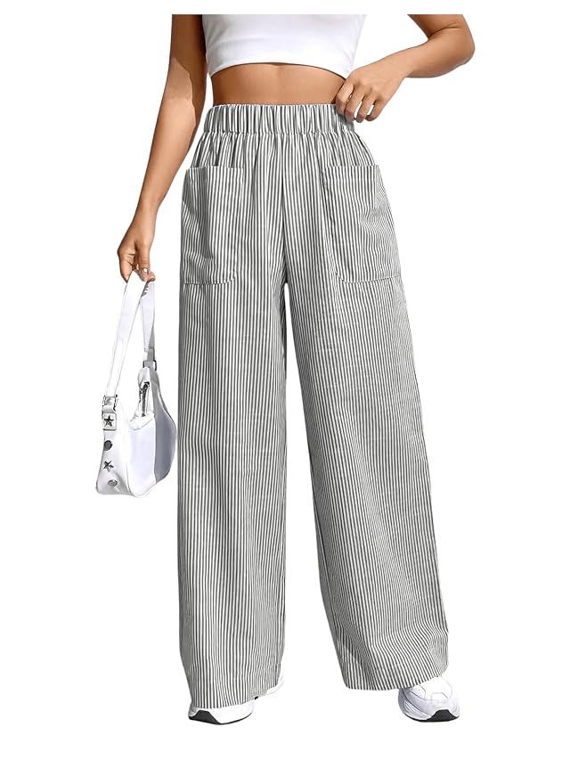 Floerns Womens Striped Print Elastic High Waist Pocket Front Wide Leg Pants