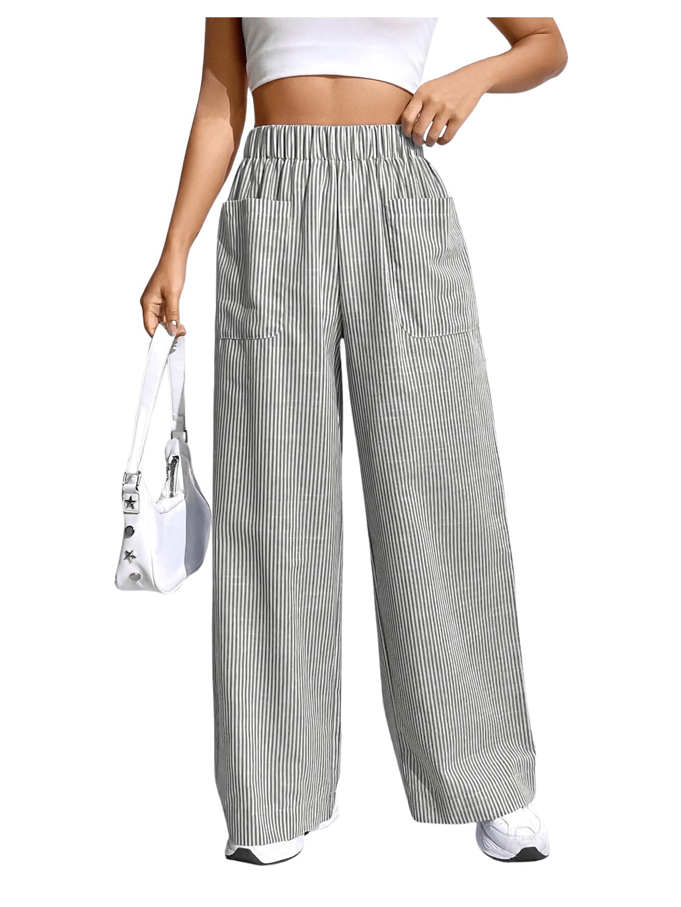 Floerns Womens Striped Print Elastic High Waist Pocket Front Wide Leg Pants