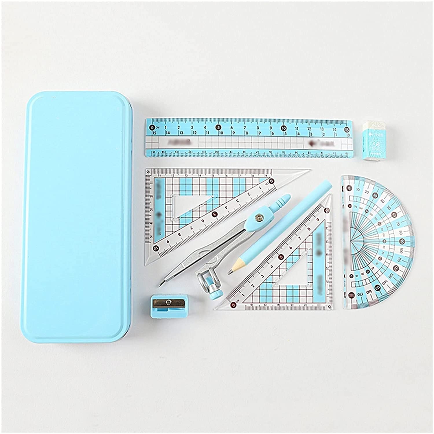 AKAZI Geometrie-Set Geometrie-Set 8-teiliges Mathe-Werkzeug-Set mit Zirkel, Winkelmesser, Radiergummi, Spitzer, Dreieck, 6-Zoll-Lineal, Aufbewahrungsbox, Kompass-Set (Color : Pink) (Blau)