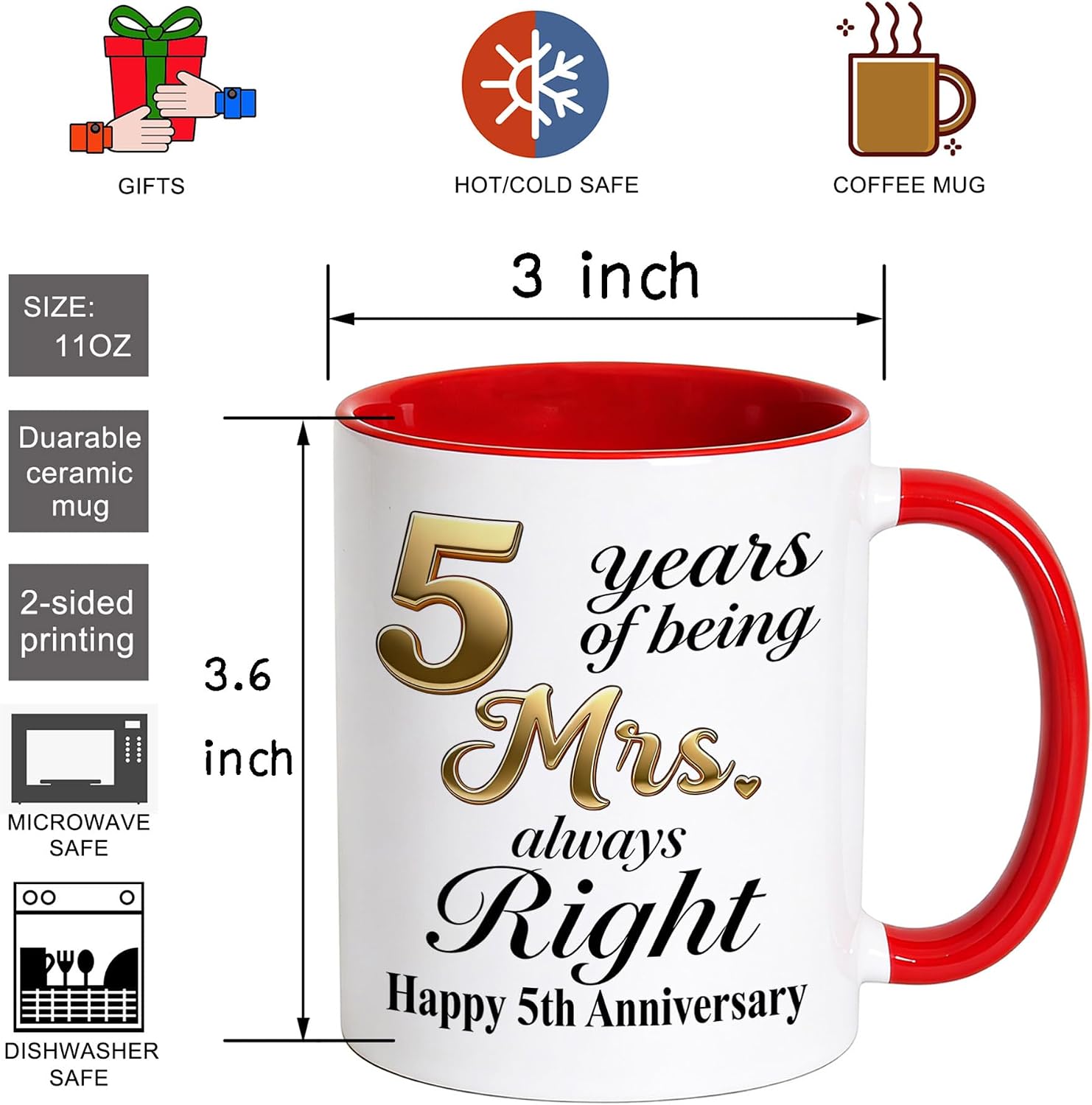 5th Anniversary Coffee Mugs Set of 2, 5 Year Wedding Anniversary Couple Gifts for Parents Grandparents Wife Husband Lovers, 5th Birthday Gifts Cup Mugs 11oz Black Red(5Y)