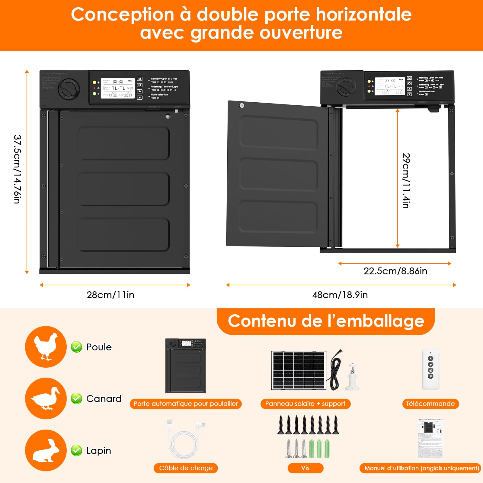 Grande Porte Poulailler Automatique Solaire, Porte Automatique Poulailler Solaire en Aluminium avec Écran LCD Étanche, Minuterie, Télécommande, Fonction Anti-pincement
