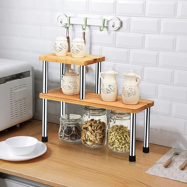 COSTWAY 2 Tier Kitchen Corner Shelf, Desktop Shelving Storage Organiser Bamboo Spice Rack, Countertop Display Corner Bookshelf for Home Office (Rectangular)