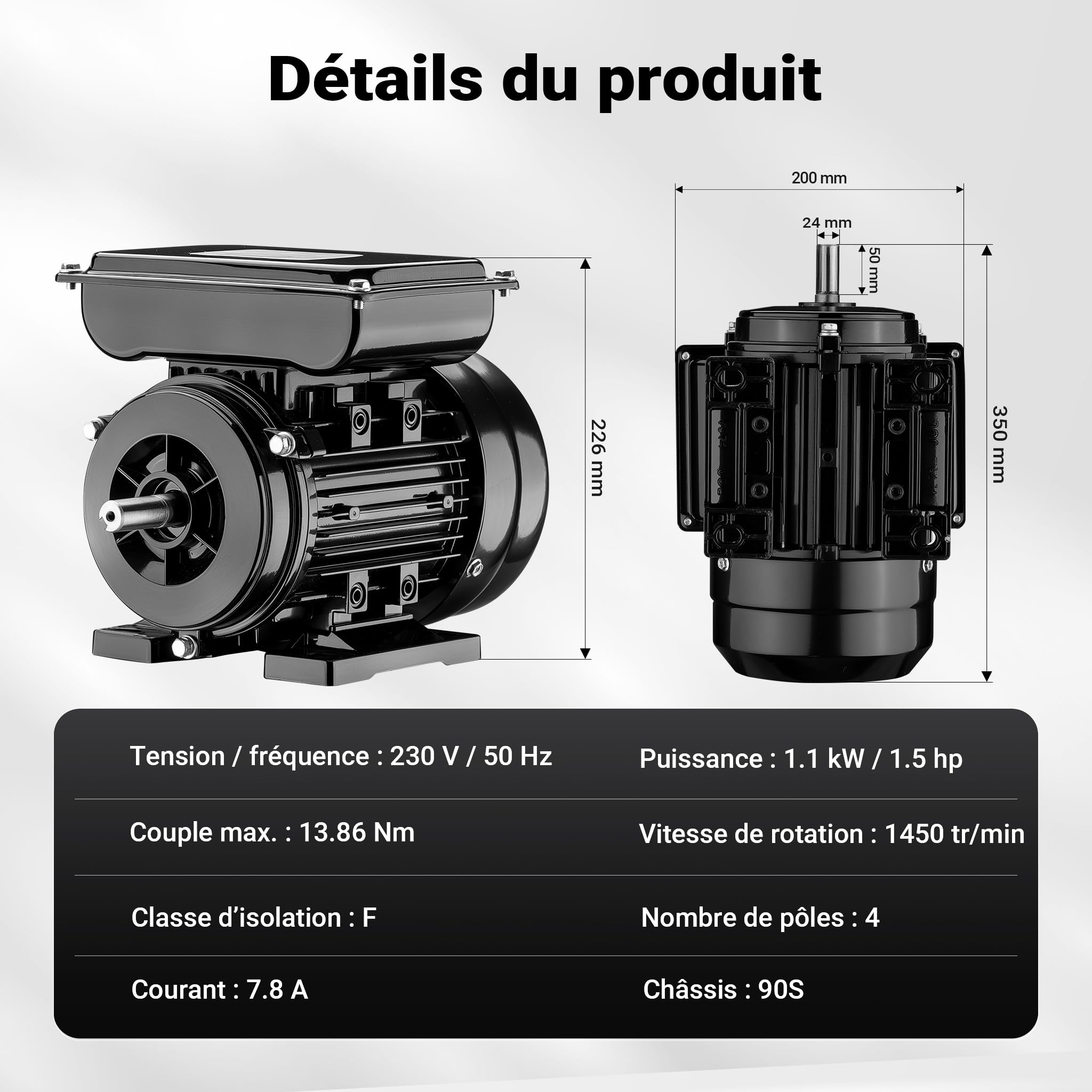 Wiltec Moteur électrique asynchrone monophasé à induction – 1,1 kW (1,5 CV) – 1450 tr/min – 230 V – 4 pôles – Boîtier en aluminium – D’application polyvalente