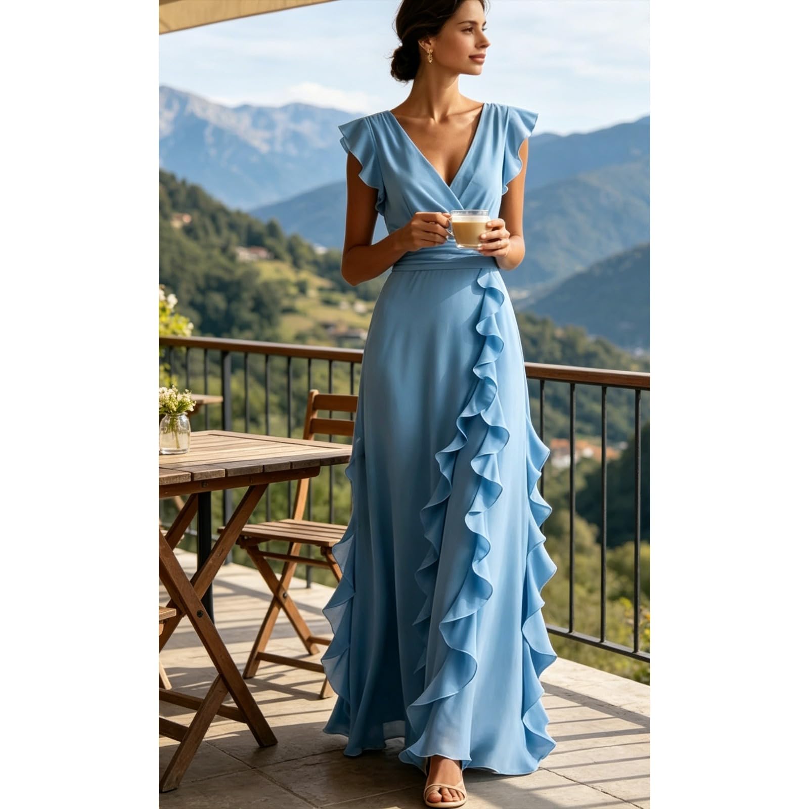 Vestido de Dama de Honor de Gasa con Volantes — Vestido Formal de Manga Corta, Largo, con Escote en V y Estilo corsé — Vestido de Noche para Bodas y Eventos Formales