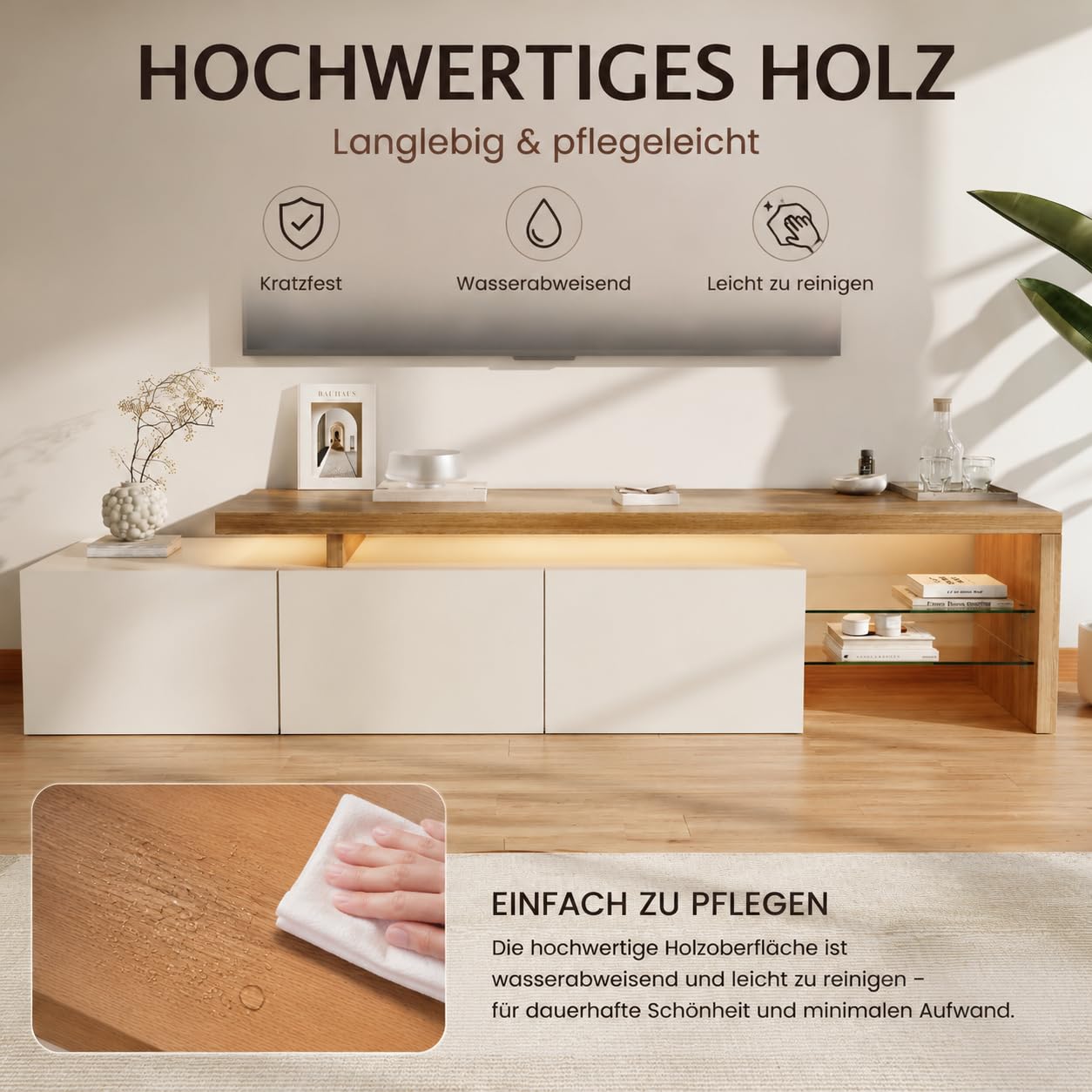 Mueble bajo para TV con Espacio de Almacenamiento, Mesa de televisión con 3 Puertas y Estante de Cristal, Banco de TV para televisores de hasta 85 Pulgadas, aparador para salón, Color Blanco