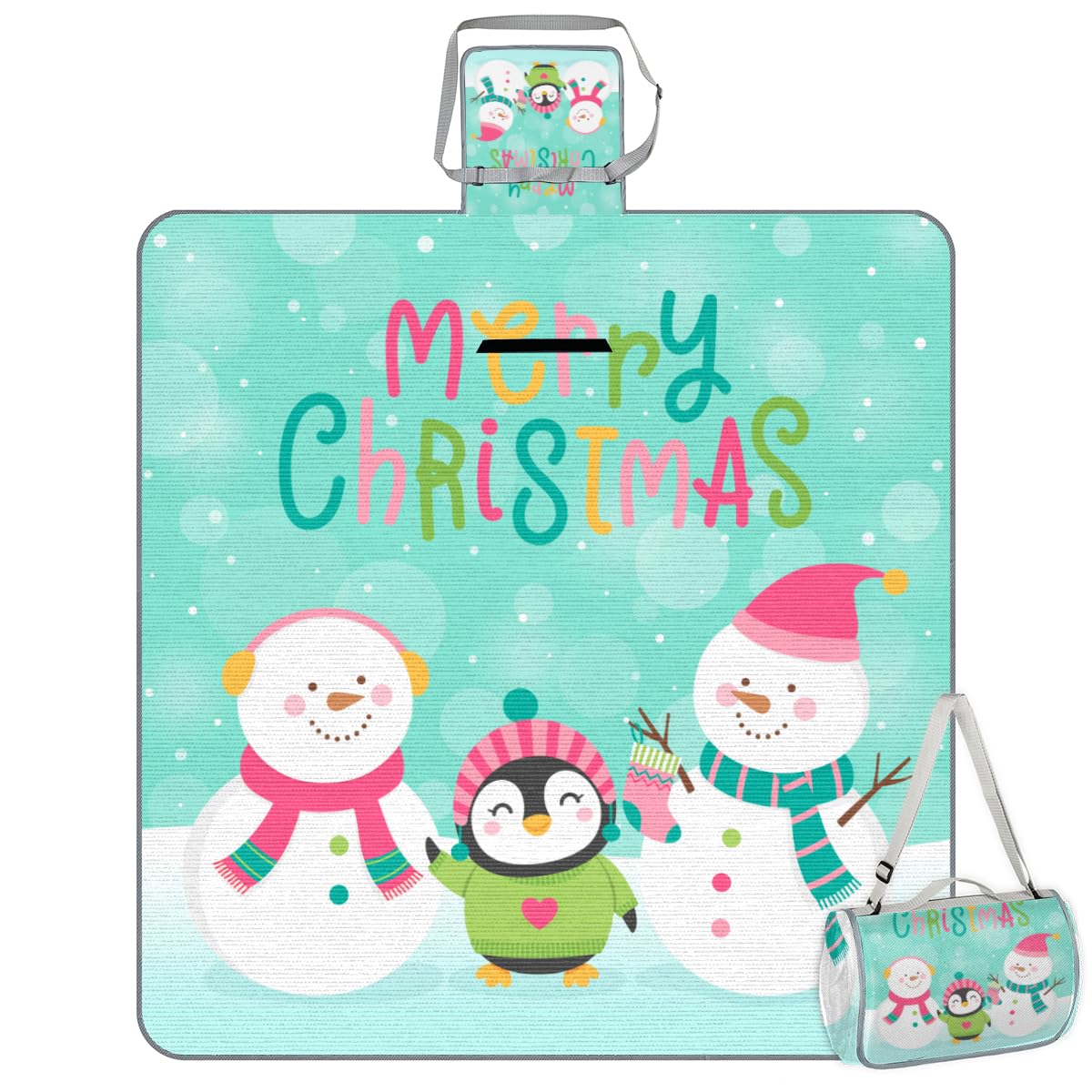 Shimoshe Picnic Blankets 57”x 59”, Cute Christmas Penguin Snowman Waterproof Sandproof Picnic Mat Lightweight Foldable Beach Blanket for Camping Park Grass Beach Outdoor Blanket