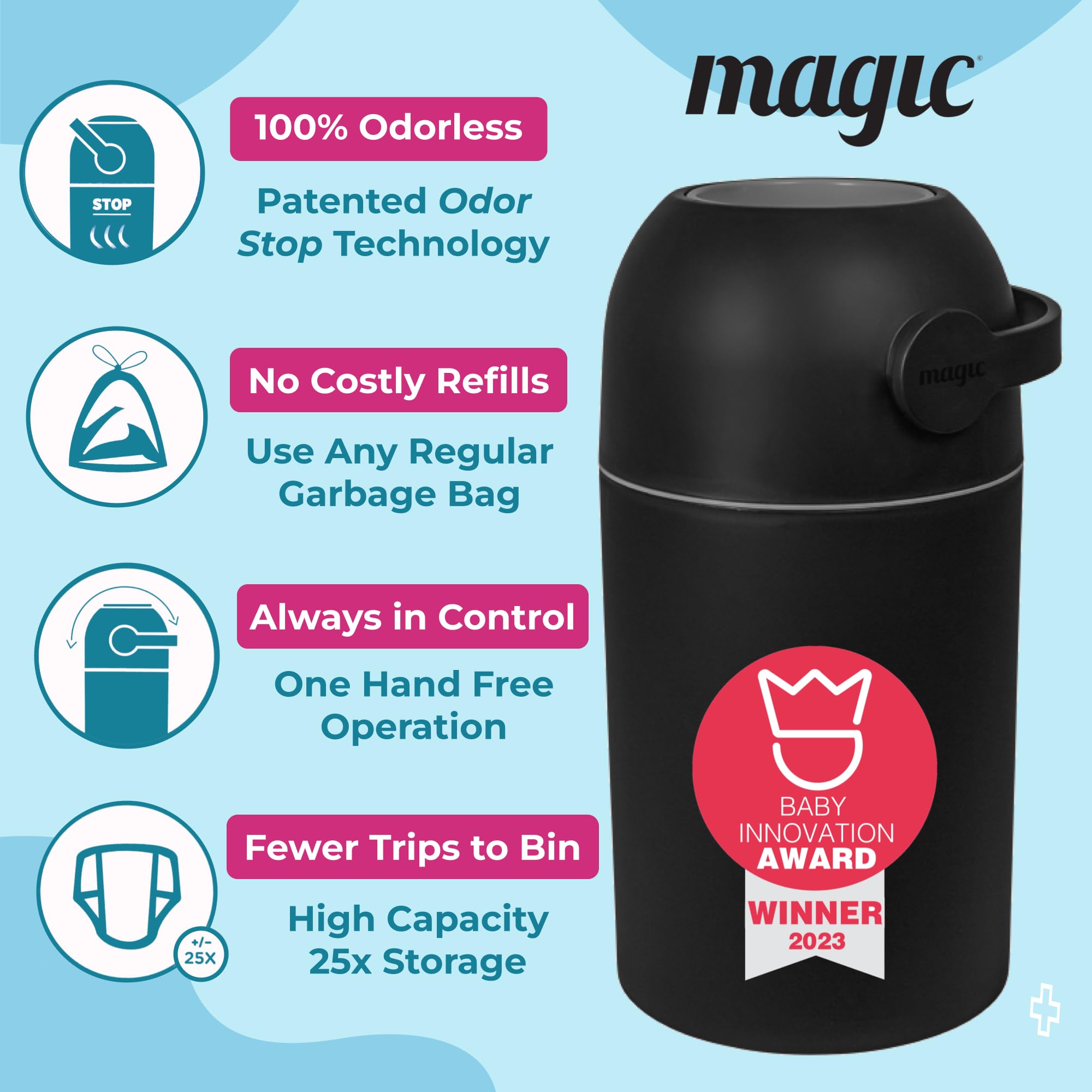Seau à couches magique, système breveté anti-odeurs, utilisez n'importe quel sac poubelle, levier libre à une main, poubelle à couches pour bébé, noir, taille L, Noir, L