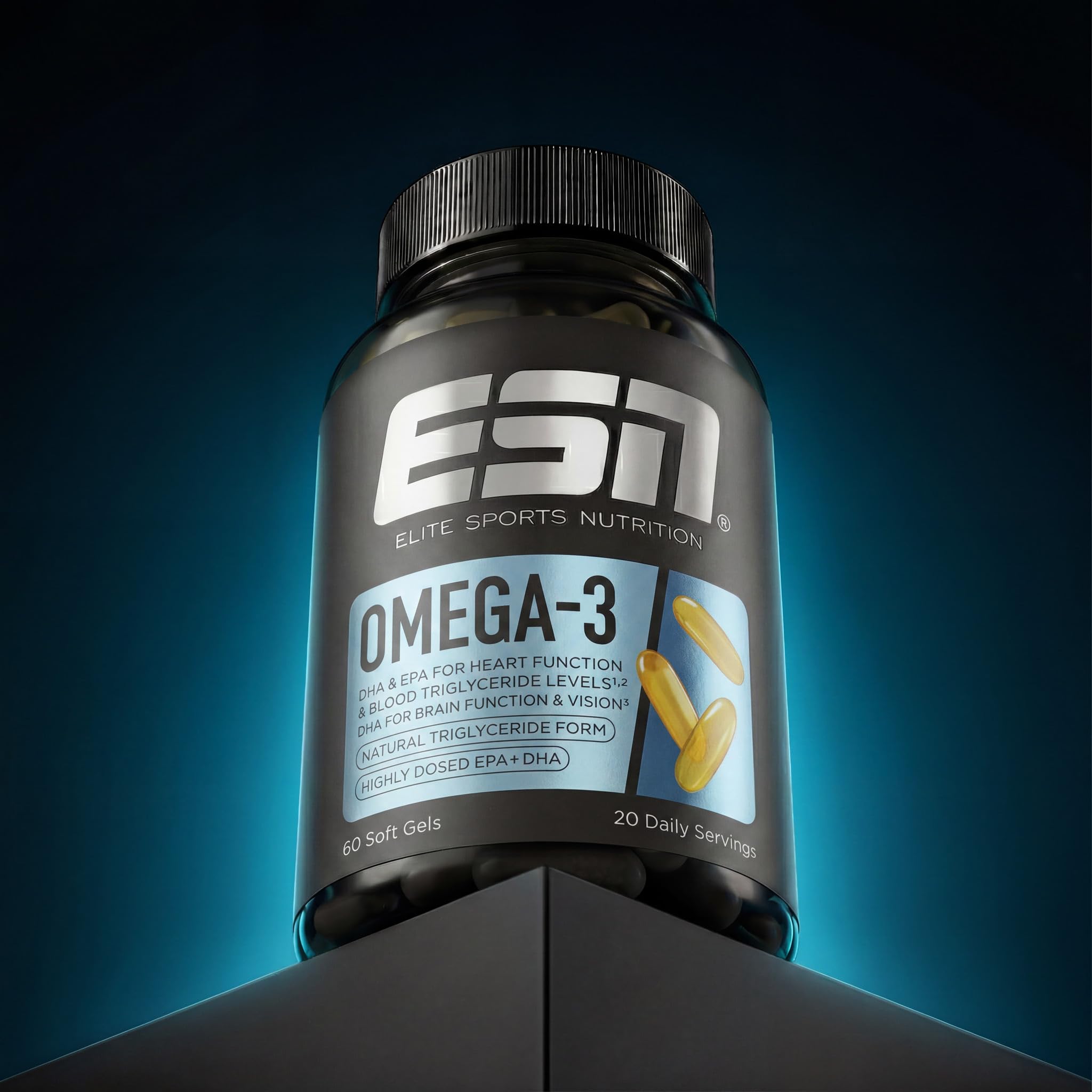 ESN Oméga-3, 60 gélules, huile de poisson hautement dosée avec 1200 mg d'EPA et 900 mg de DHA par portion journalière