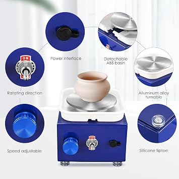 Electric Pottery Wheel, Ovshnrr 2 Plates Turntable 10/6.5cm Pottery Wheel, 2000RPM Adjustable Speed Pottery Wheel with Shaping Tools for Pottery DIY, Pottery Teaching, Children and Beginner(Navy Blue)