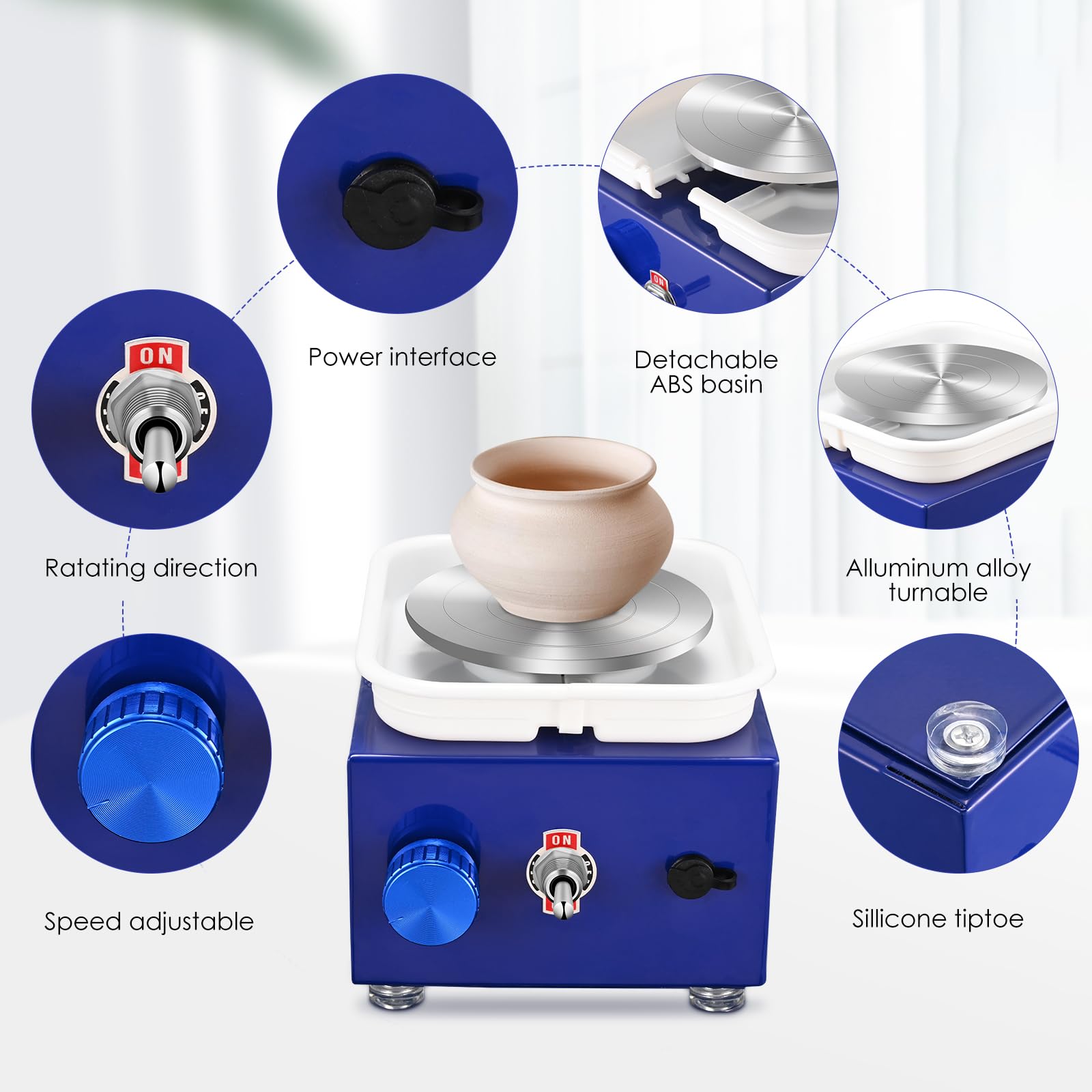 Torno Alfarero, Velocidad de 2000RPM Suave y Ajustable Torno Alfarero Hecho de Metal de Alta Calidad con Kit de Cerámica, Adecuado para Tiendas de Bricolaje de Cerámica y Aficionados (Azul Marino)