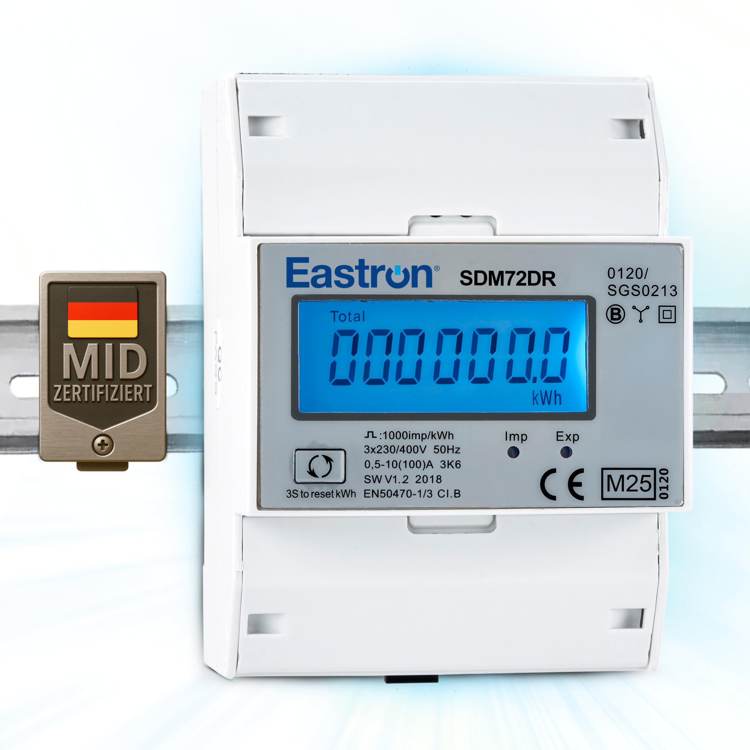 SDM72DR Three Phase Electric Energy Meter - 100 Amp kWh Din Rail Power Meter, Resettable Partial Energy, Pulse Digital Backlit LCD - MID Certified/Calibrated