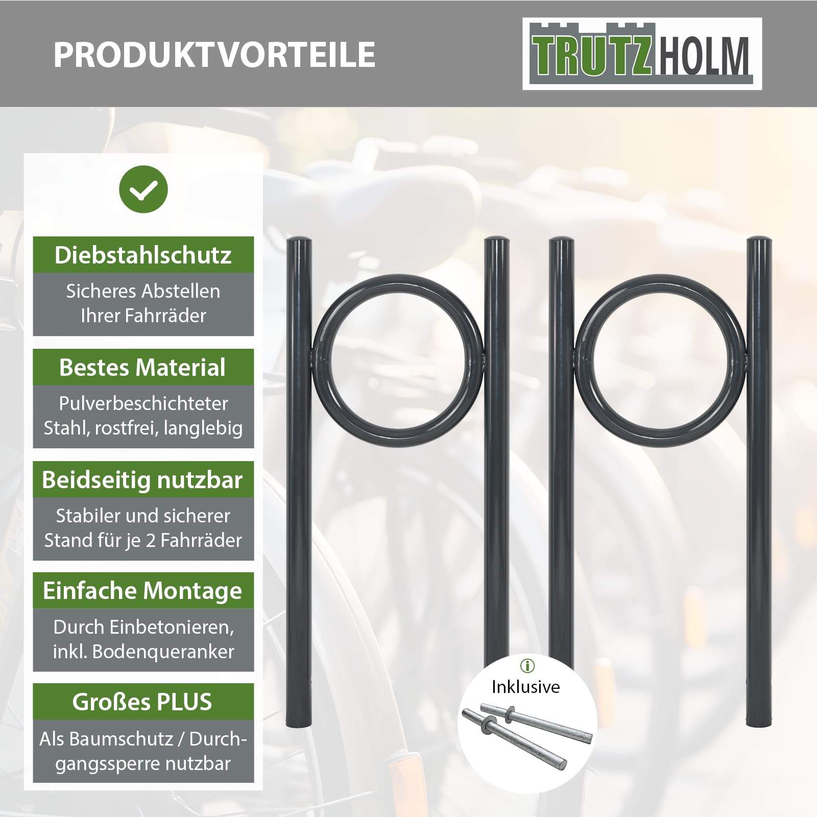 TRUTZHOLM 2x Fahrradanlehnbügel 115x52 cm Stahl pulverbeschichtet Rohrdurchmesser Ø 60 mm Fahrradständer zum Einbetonieren inkl. Bodenqueranker Parker Fahrradanlehner für 2 Fahrräder in Anthrazit