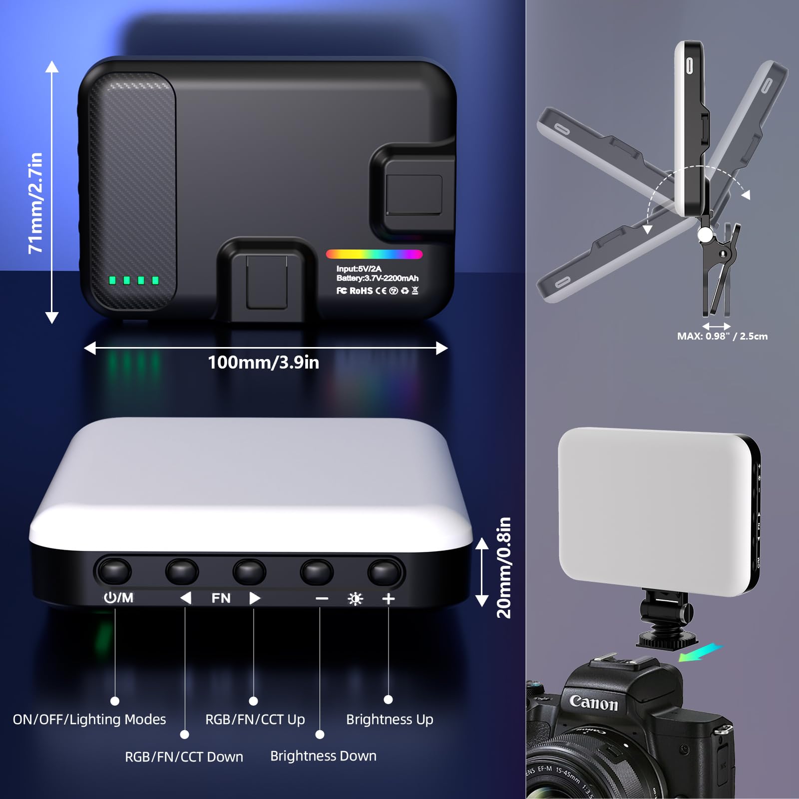 Luce per selfie – BANSINE USB ricaricabile RGB LED Phone Light – Luce fotografica portatile con 97+ CRI, temperatura colore 2500K-6500K per video, trucco, live streaming e fotografia