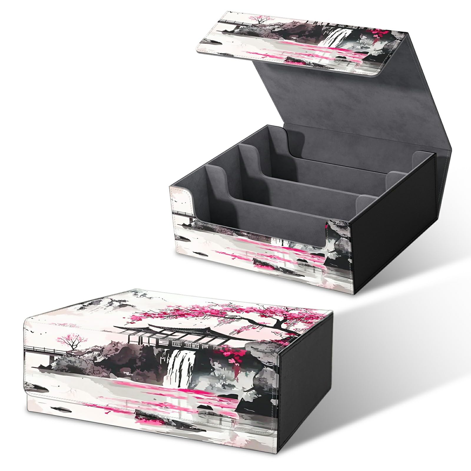 RWUTYTIUL Card Deck Box for MTG, Cards Storage Box Fits 120+ Sleeved, Leather Big Size Strong Magnetic Closing Case for Board Games Magic TCG CCG Baseball Collection Women Man, Pink Flower Pavilion