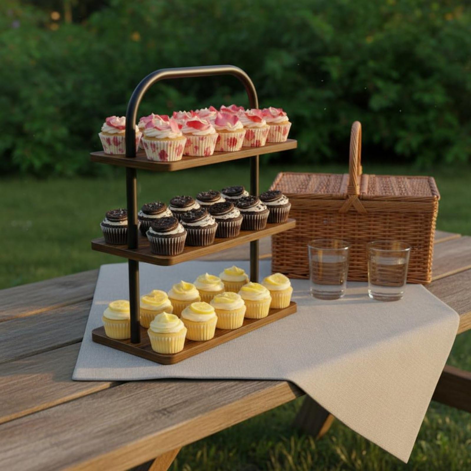 Soporte para Postres Expositor Cupcakes Pasteles Bandeja Estante de Madera Hierro de Triple Nivel Plegable con Asa Acabado Envejecido para Catering Reuniones Picnic Hogar