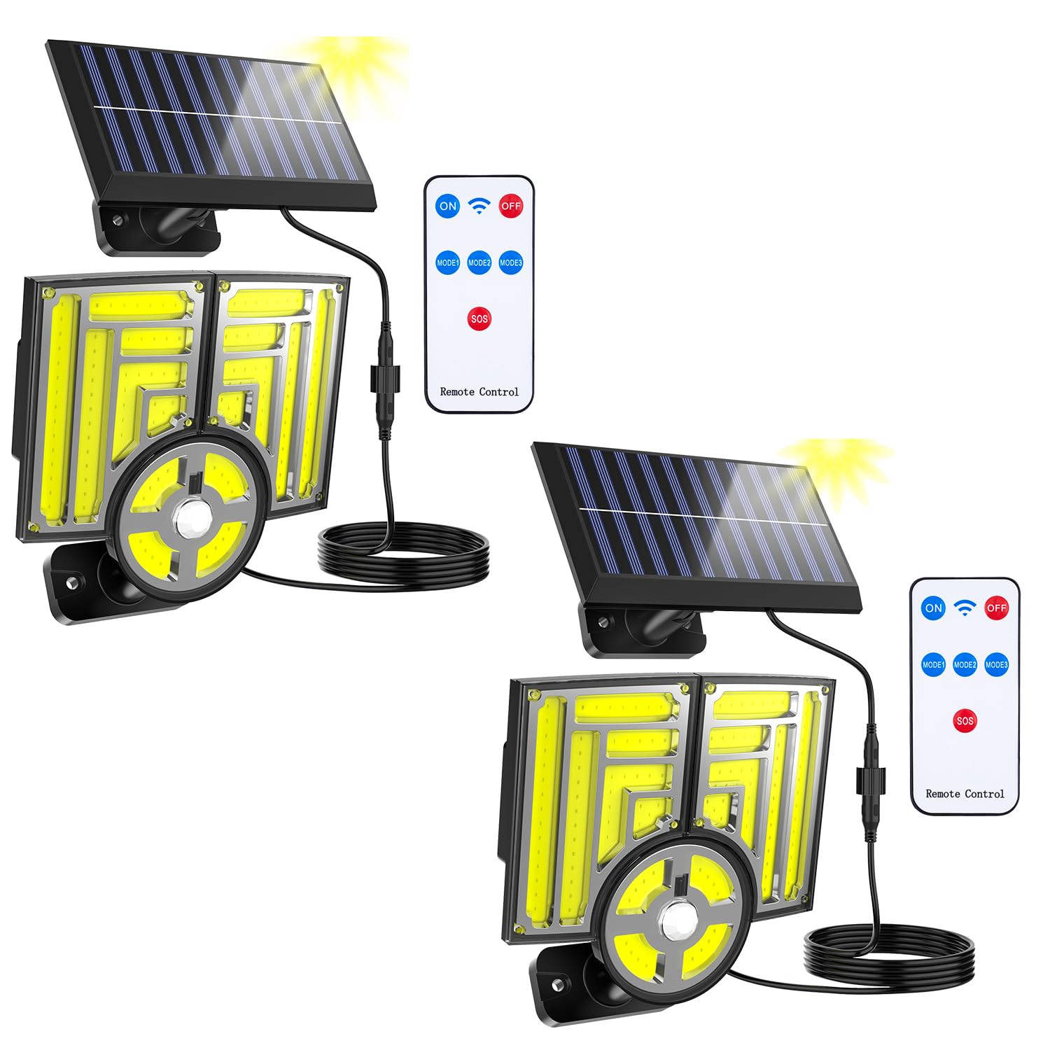 COB Solar Motion Lights Outdoor with Remote, IP65 Waterproof Split Solar Flood Lights with 16.4ft Extension Wires, Outside Security Lights for Yard Garden Garage (Black-2Pack)
