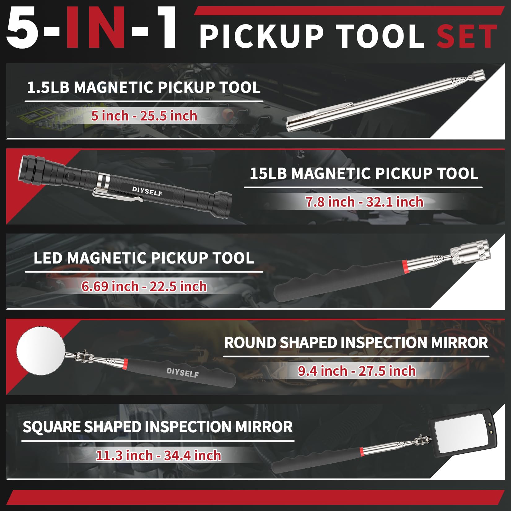 DIYSELF Telescoping Magnetic Pickup Tool, Inspection Mirror Telescoping, LED Flashlight, Telescoping Magnet Stick, Flexible Magnet Pickup Tool, Gadgets for Men, Cool Gifts for Dad, Husband, 5-in-1 Set