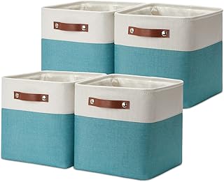 DULLEMELO Foldable Storage Cubes 11 x 11 Organizer Bins,Canvas Storage Bins Empty Gift Baskets for Organizing with Durable Leather Handles, Closet Baskets for Nursery Storage(4 Pack - 11" White&Teal)