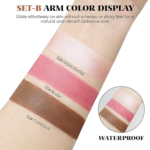 Miniatura 4 de Kit de maquillaje en barra de contorno de crema de 3 piezas, resaltador en barra de rubor crema, barra bronceadora de contorno para mejillas,