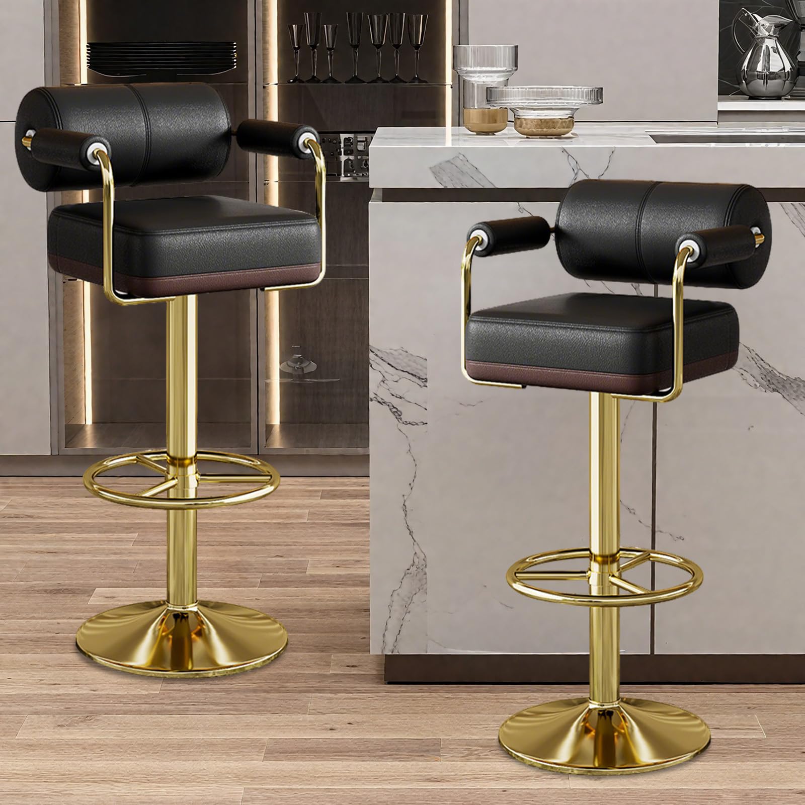 Vigosit Taburete de Bar con Altura Ajustable, con Respaldo y reposabrazos, Giratorio 360° para Cocina, Acolchado con Asiento Grande（ 1 Pieza）