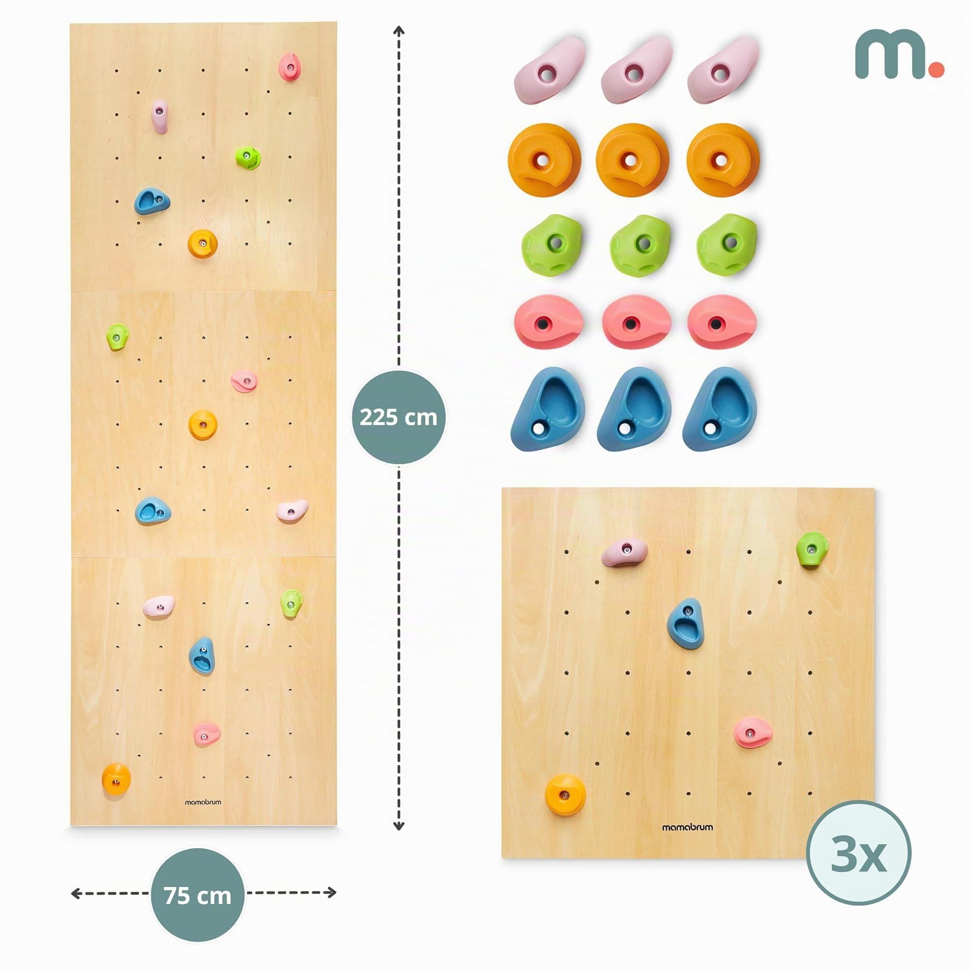 Mamabrum Holzkletterwand für Kinder mit 15 Griffen - 3 Montagepaneele mit Verstellbarkeit - Für Kinderzimmer - Max 100 kg - Ab 3 Jahre - Aktiver Homespaß